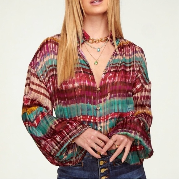 RAMY BROOK Vance Balloon Sleeve Semi Sheer Metallic Button Down Blouse Top Small - Picture 4 of 10